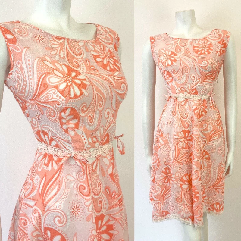 VTG 60s 70s PINK ORANGE WHITE PSYCHEDELIC FLORAL PAISLEY LACE MOD DRESS 10 12