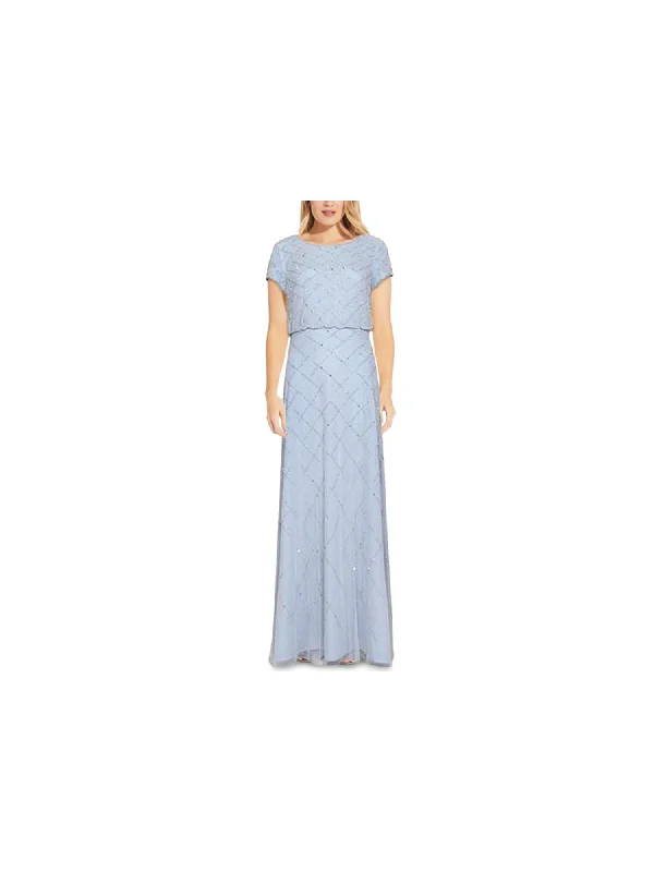 ADRIANNA PAPELL Womens Light Blue Beaded Sequined Zippered Short Sleeve Scoop Neck Full-Length Party Gown Dress