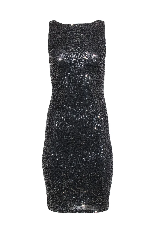 Alice & Olivia - Black w/ Gunmetal Sequin Sleeveless Sheath Dress Sz 4