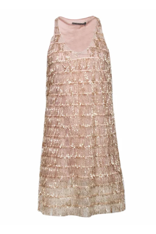 Angela Davis - Beige Sequin Fringe Sleeveless Dress Sz M