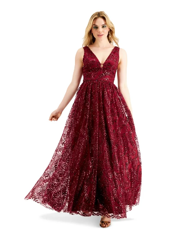 BLONDIE NITES Womens Maroon Sequined Sleeveless V Neck Full-Length Formal Fit + Flare Dress