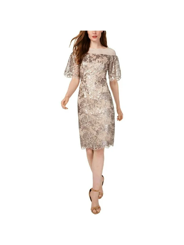 CALVIN KLEIN Womens Sequined Bell Sleeve Jewel Neck Knee Length Evening Sheath Dress