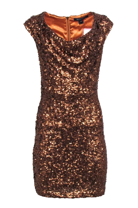 French Connection - Bronze Sequin Cowl Neck Cap Sleeve Dress Sz 4