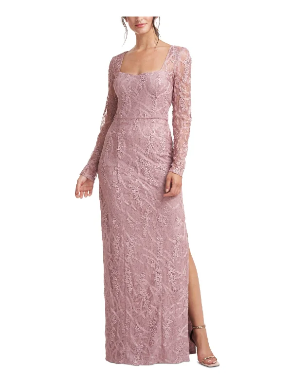 JS COLLECTIONS Womens Pink Embroidered Zippered Sequined Lined Long Sleeve Square Neck Full-Length Evening Sheath Dress