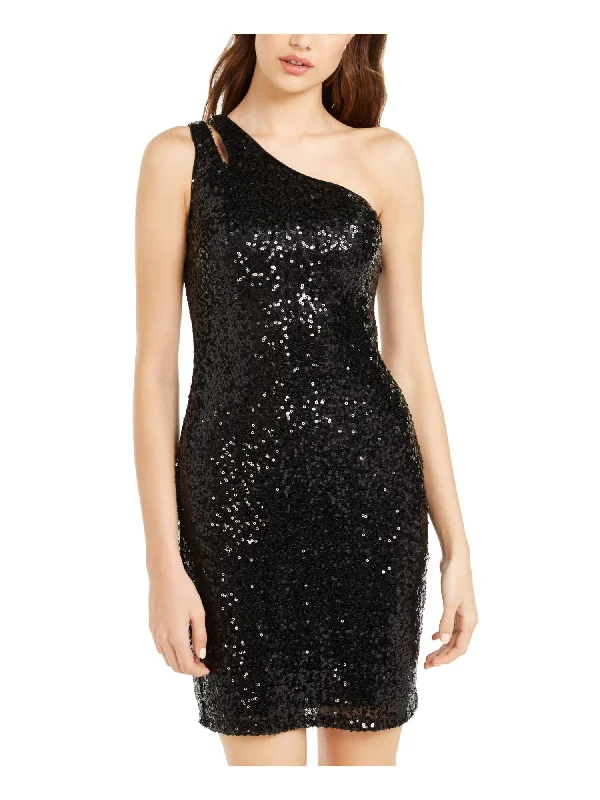 TEEZE ME Womens Black Sequined Sleeveless Asymmetrical Neckline Short Cocktail Sheath Dress