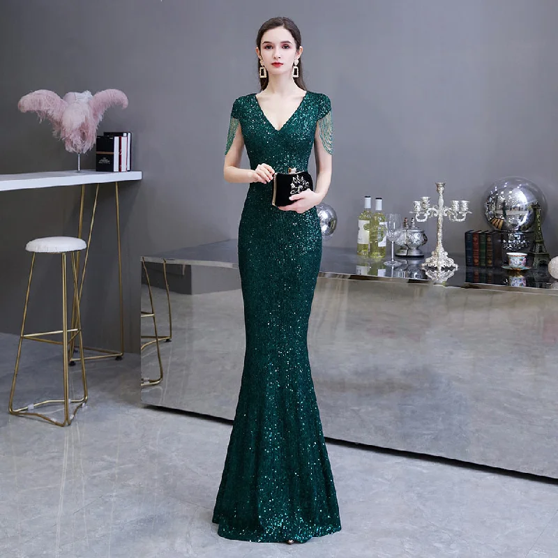 Women's V-Neck Polyester Beading Mermaid Sequin Long Prom Dress