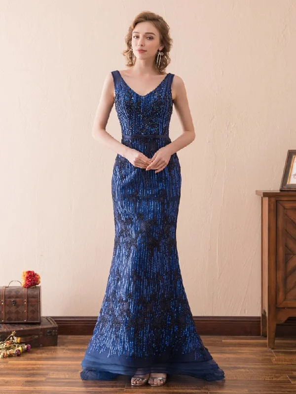 Women's V-Neck Polyester Sleeveless Beading Sequined Formal Dress