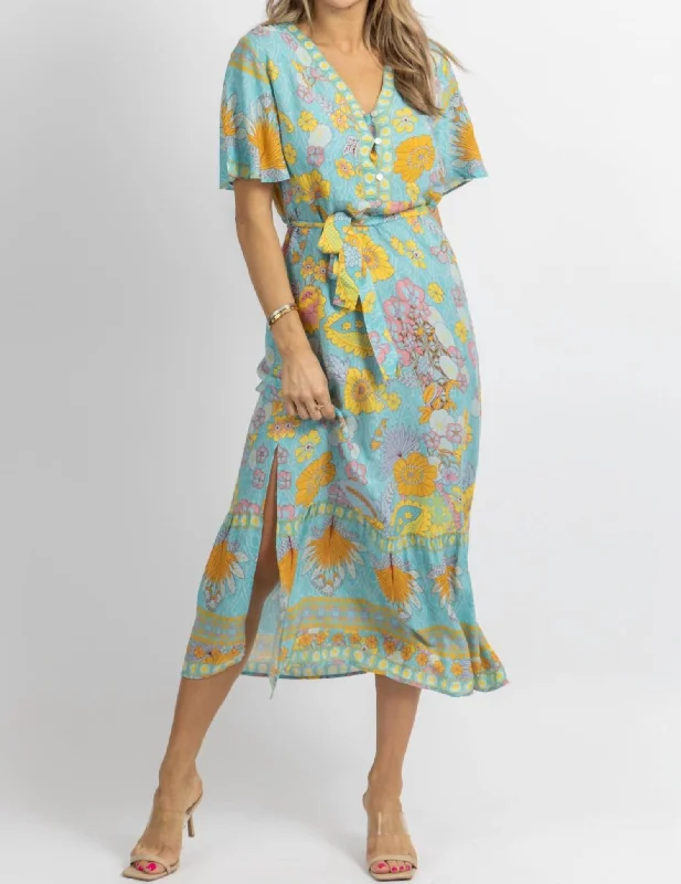 Butterfly Sleeve Midi Dress In Light Blue Floral