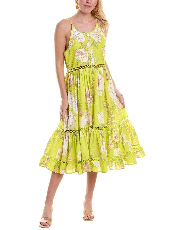 FARM Rio Yellow Neon Garden Swiss Dot Midi Dress