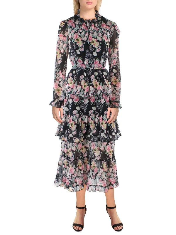 Womens Chiffon Floral Midi Dress