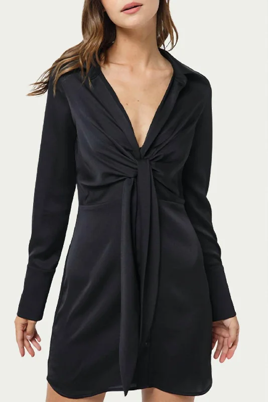 Tie-Front Satin Shirt Dress In Black