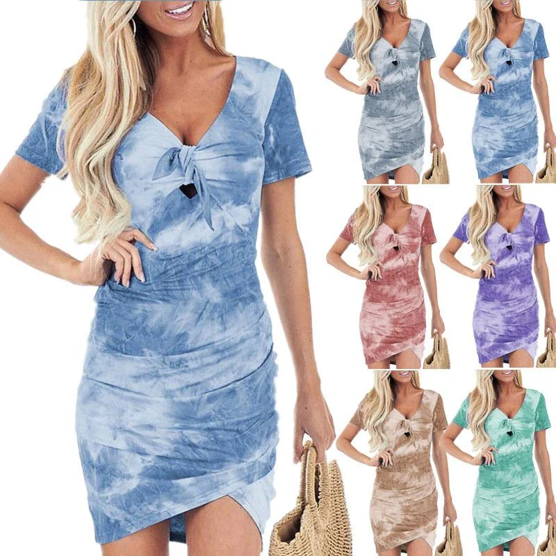 Printed Plus Size V Neck Short Bodycon Dress