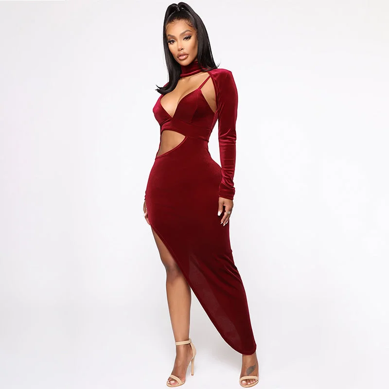 Velvet Cutout Slit Long Sleeve Bodycon Dress