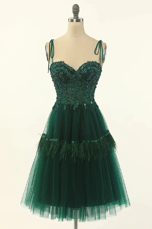 Green Sweetheart Tie-Strap A-Line Tulle Short Homecoming Dress,DP1541