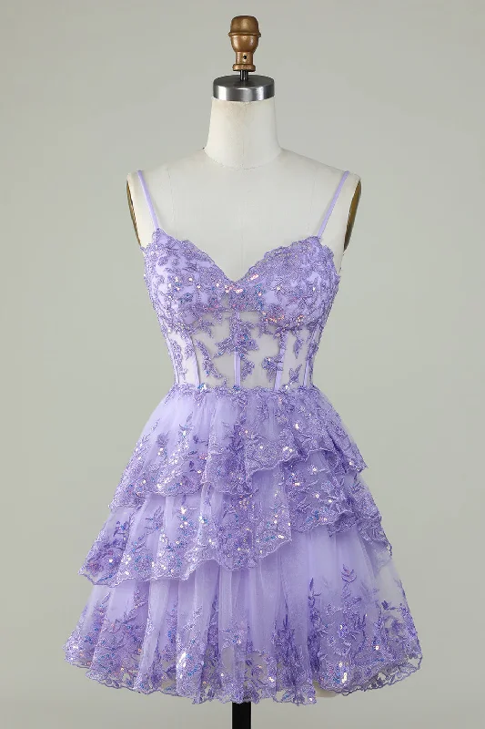 Lavender A-Line Straps Layers Tulle Cute Homecoming Dress, DP2967