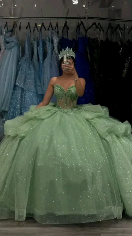 Sage Green Sweetheart Tulle Beads Quinceanera Dress Evening Ball Gown, DP4123