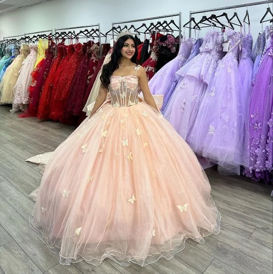 Pink Butterfly Tulle Beaded Quinceanera Dress Evening Ball Gown,DP968